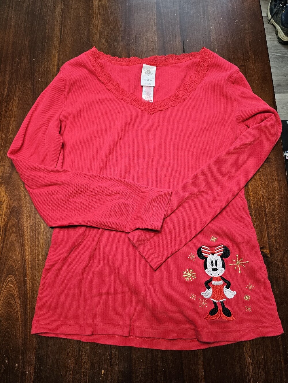 Disney Red Lace-Trim V-Neck Ribbed Top